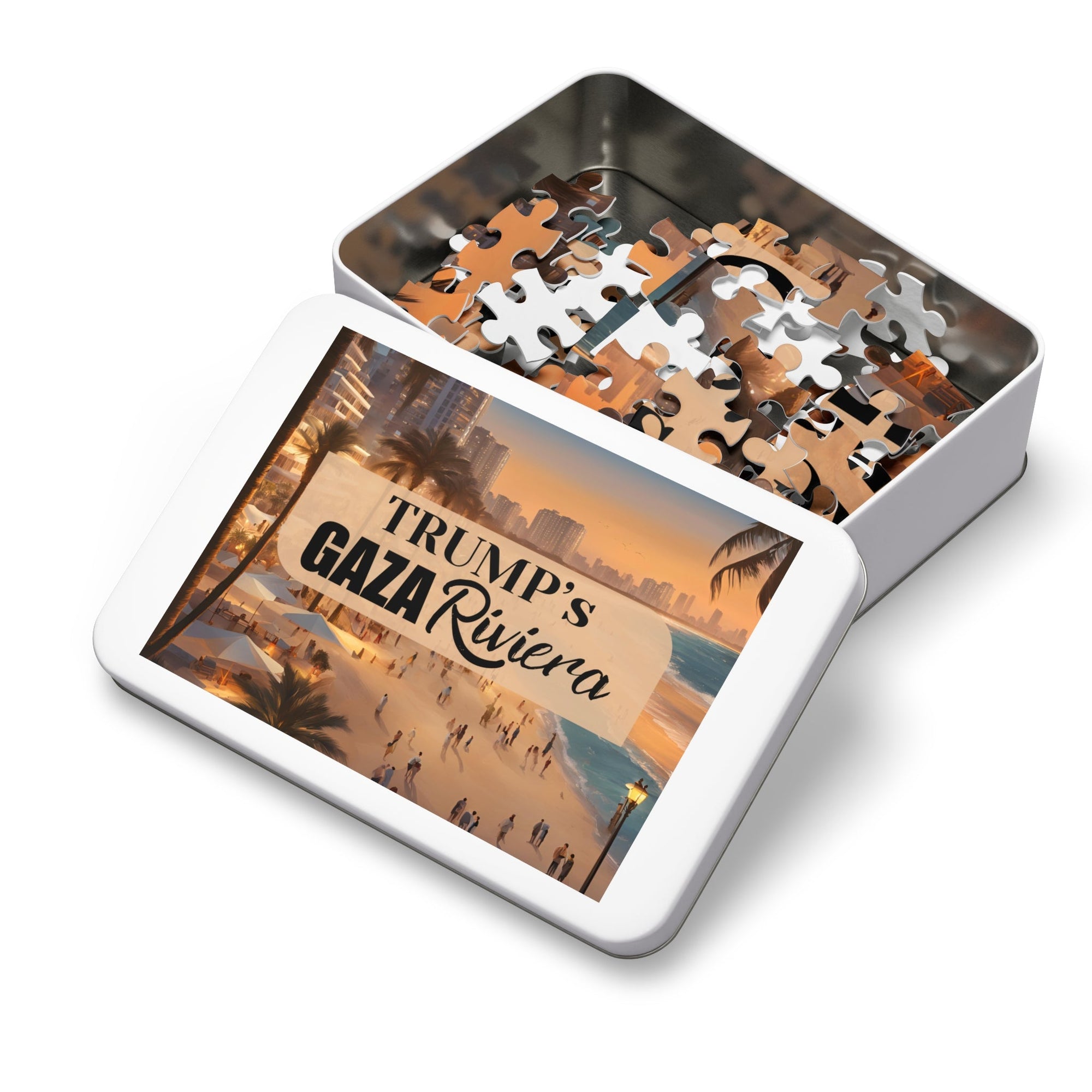 Trump's Gaza Riviera Jigsaw Puzzle with Tin Printify