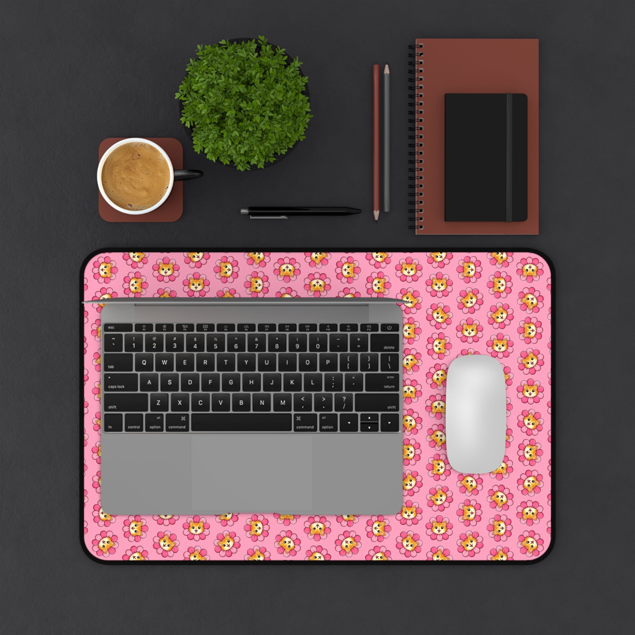 Blooming Chaos Pink Cat Pattern Desk Mat