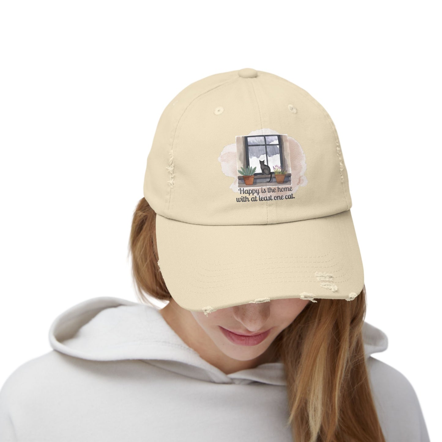 Unisex Distressed Cap - "Happy is the Home with at Least One Cat"