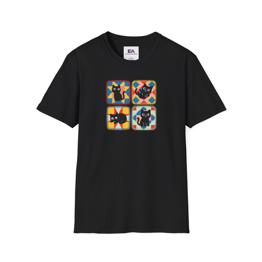 Patchwork Black Cats T-Shirt | Colorful Quilt Cat Lover Graphic Tee