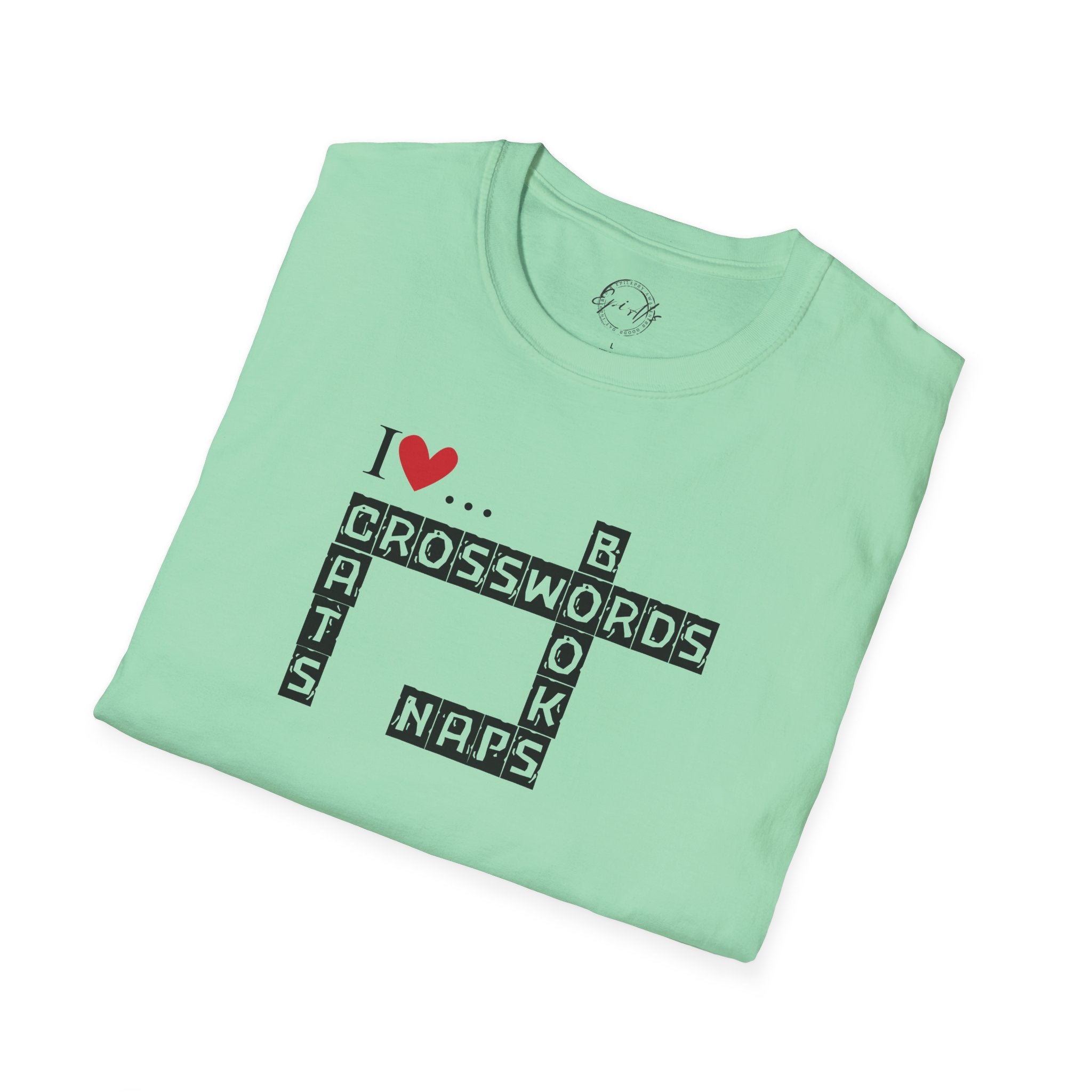 Photo depicting the ​Crosswords and Cats Unisex Softstyle T-Shirt from EpiAl's Shop.