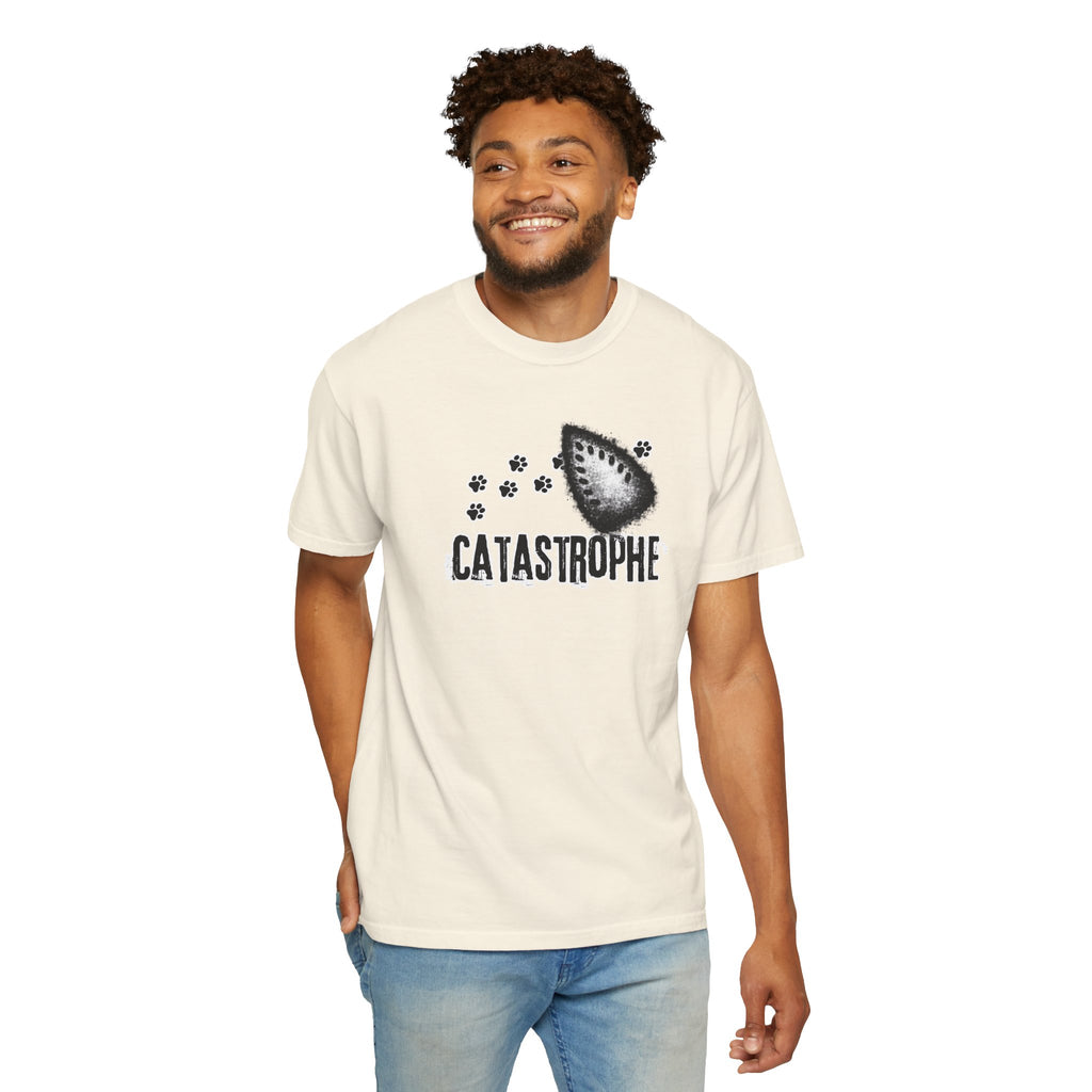Catastrophe Iron Burn Graphic T-Shirt | Funny Cat Pun Shirt | Distressed Grunge Cat Tee