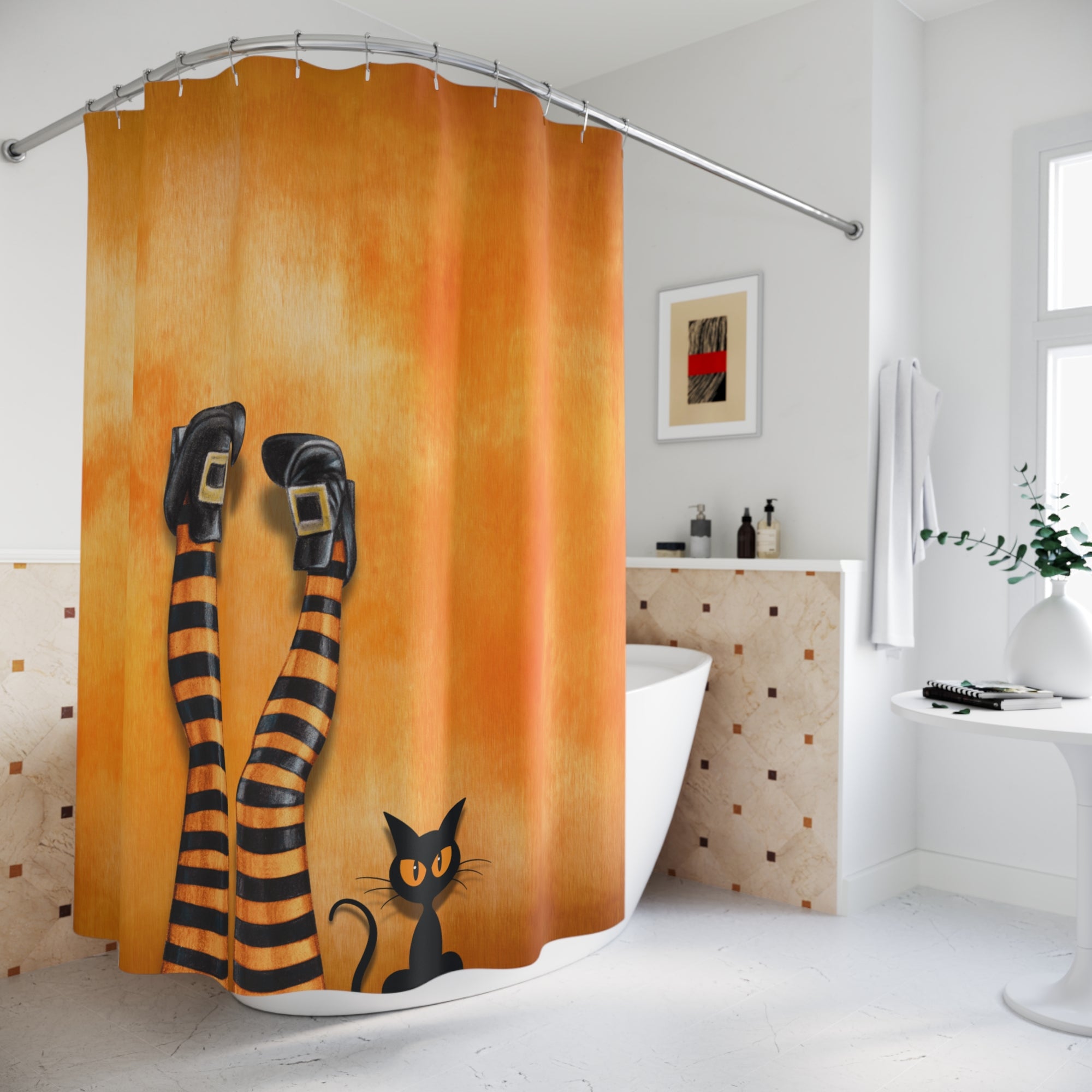Witchy Cat Lady Legs Shower Curtain, Halloween Bathroom Decor