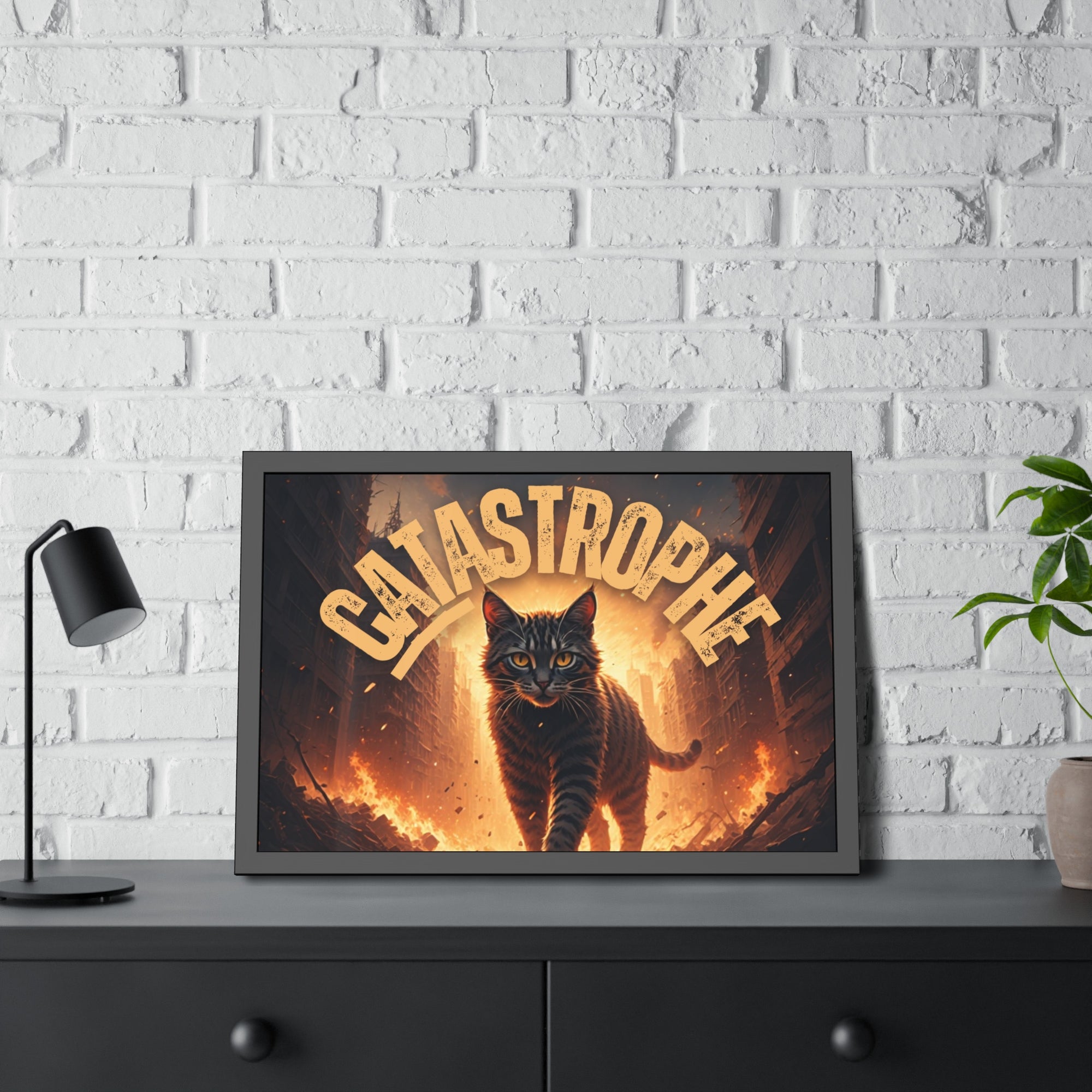 Framed Catastrophe Cat Poster Art, Quirky Cat Artwork