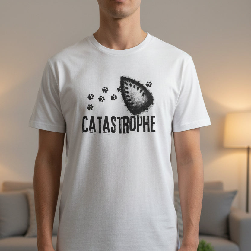 Catastrophe Iron Burn Graphic T-Shirt | Funny Cat Pun Shirt | Distressed Grunge Cat Tee