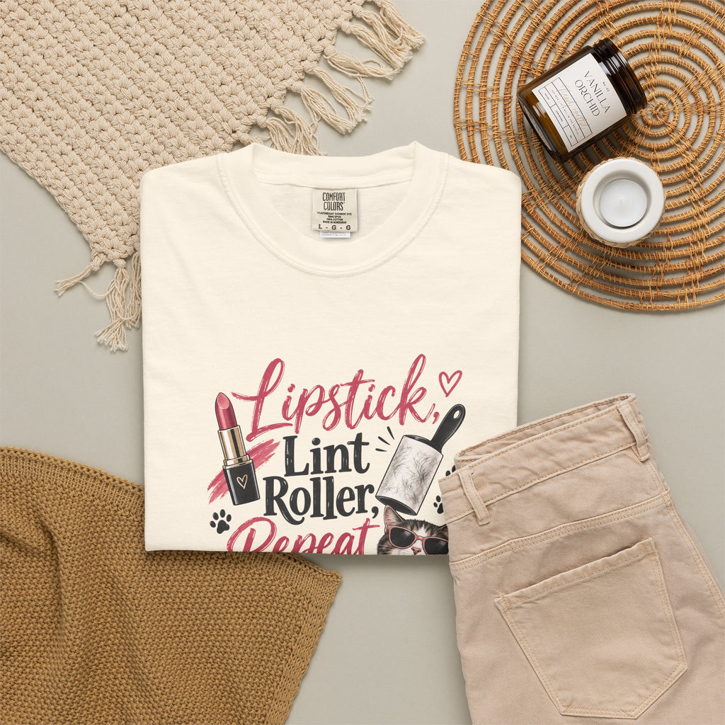 Lipstick, Lint Roller, Repeat Cat Lady Garment-Dyed T-Shirt