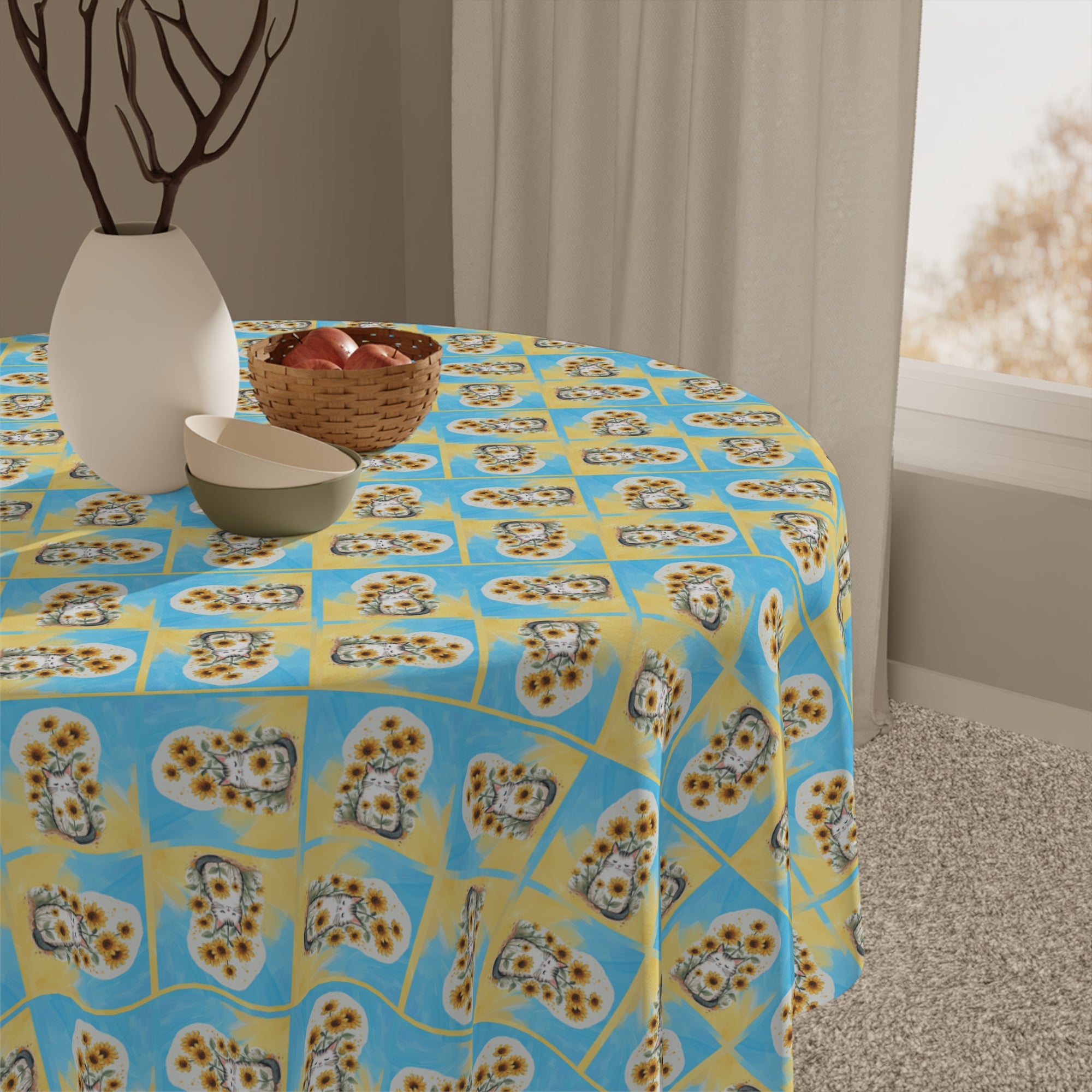 Cheerful Sunflower Kitty Tablecloth for Dining