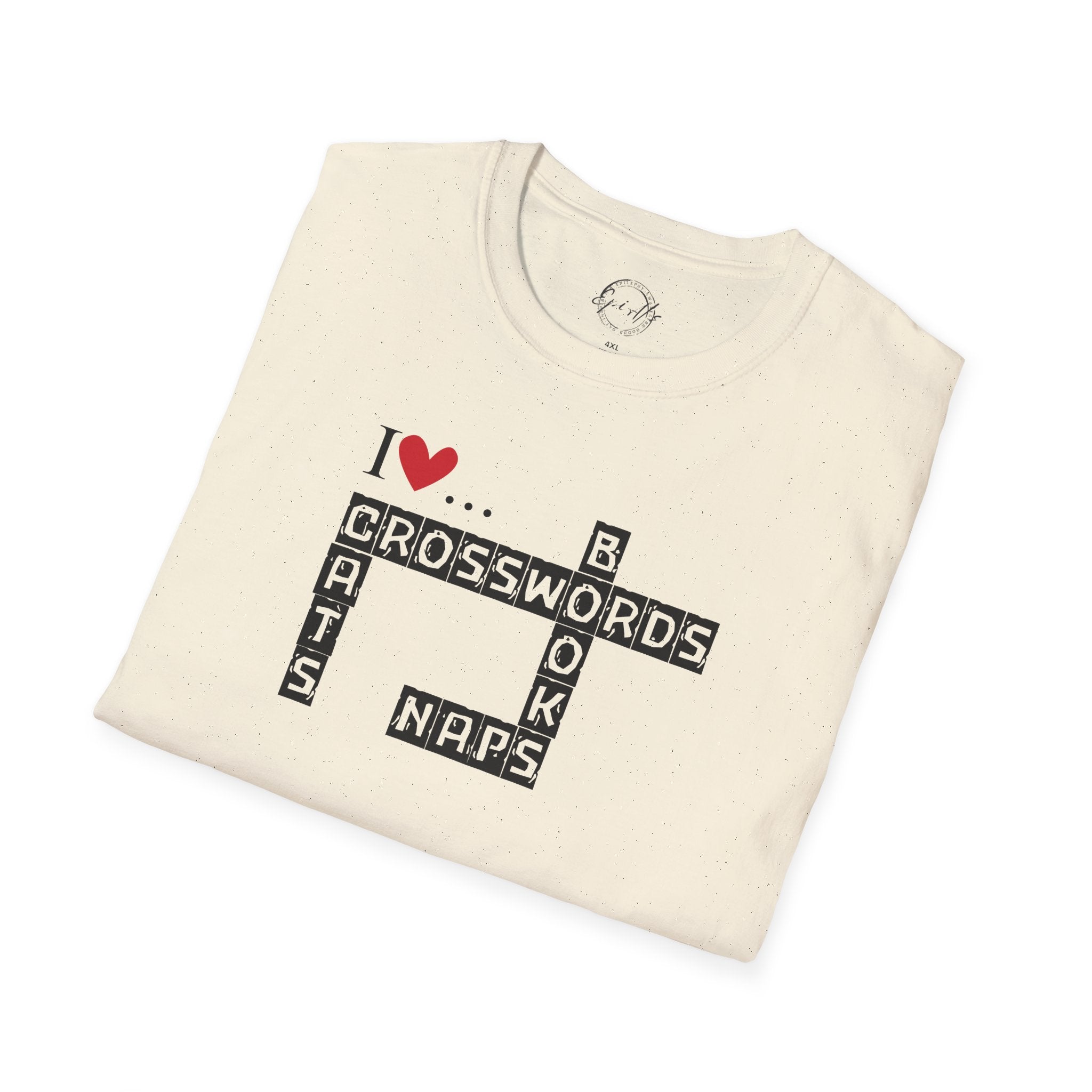 Photo depicting the ​Crosswords and Cats Unisex Softstyle T-Shirt from EpiAl's Shop.