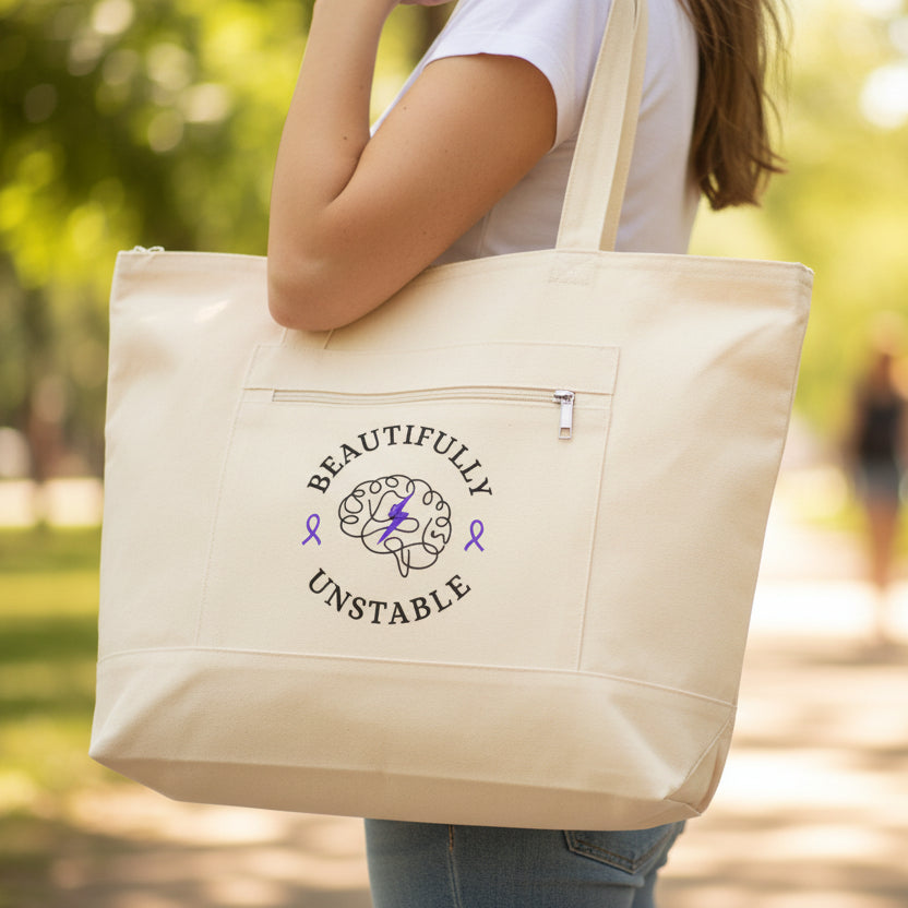 Beautifully Unstable Epilepsy Awareness Canvas Tote – Heavyweight Zippered Cotton Bag