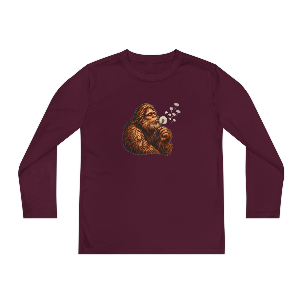 Bigfoot Blowing Dandelion Youth Long Sleeve Tee | Kids Sasquatch Shirt
