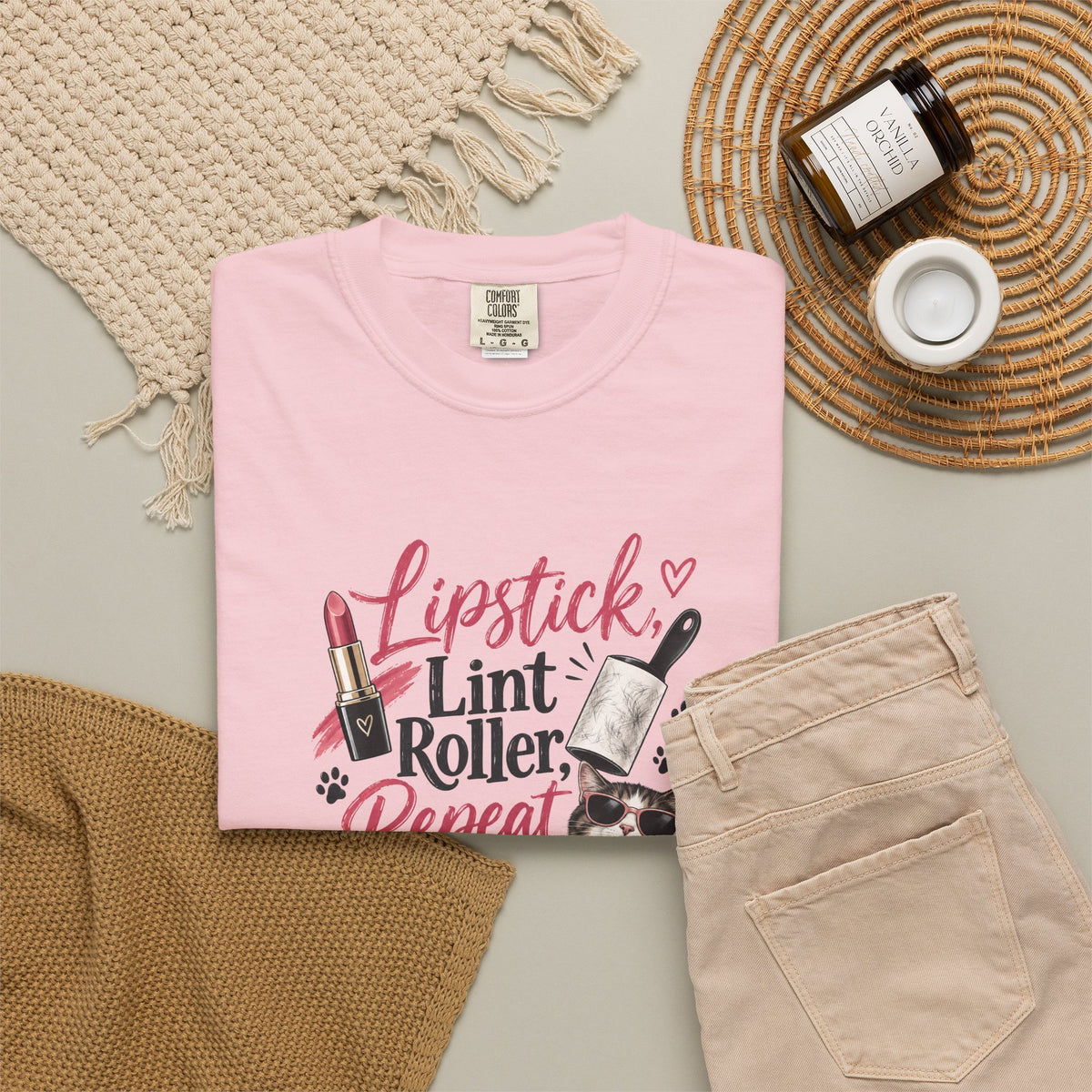 Lipstick, Lint Roller, Repeat Cat Lady Garment-Dyed T-Shirt