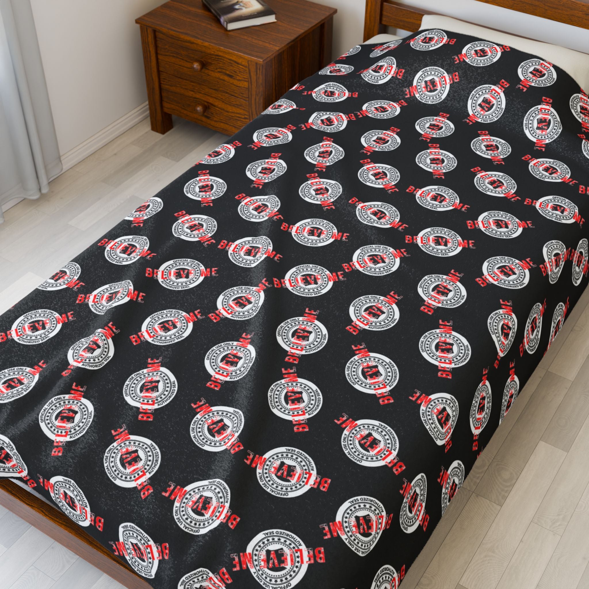 “Believe Me” Official Seal Velveteen Blanket – Political Parody Throw
