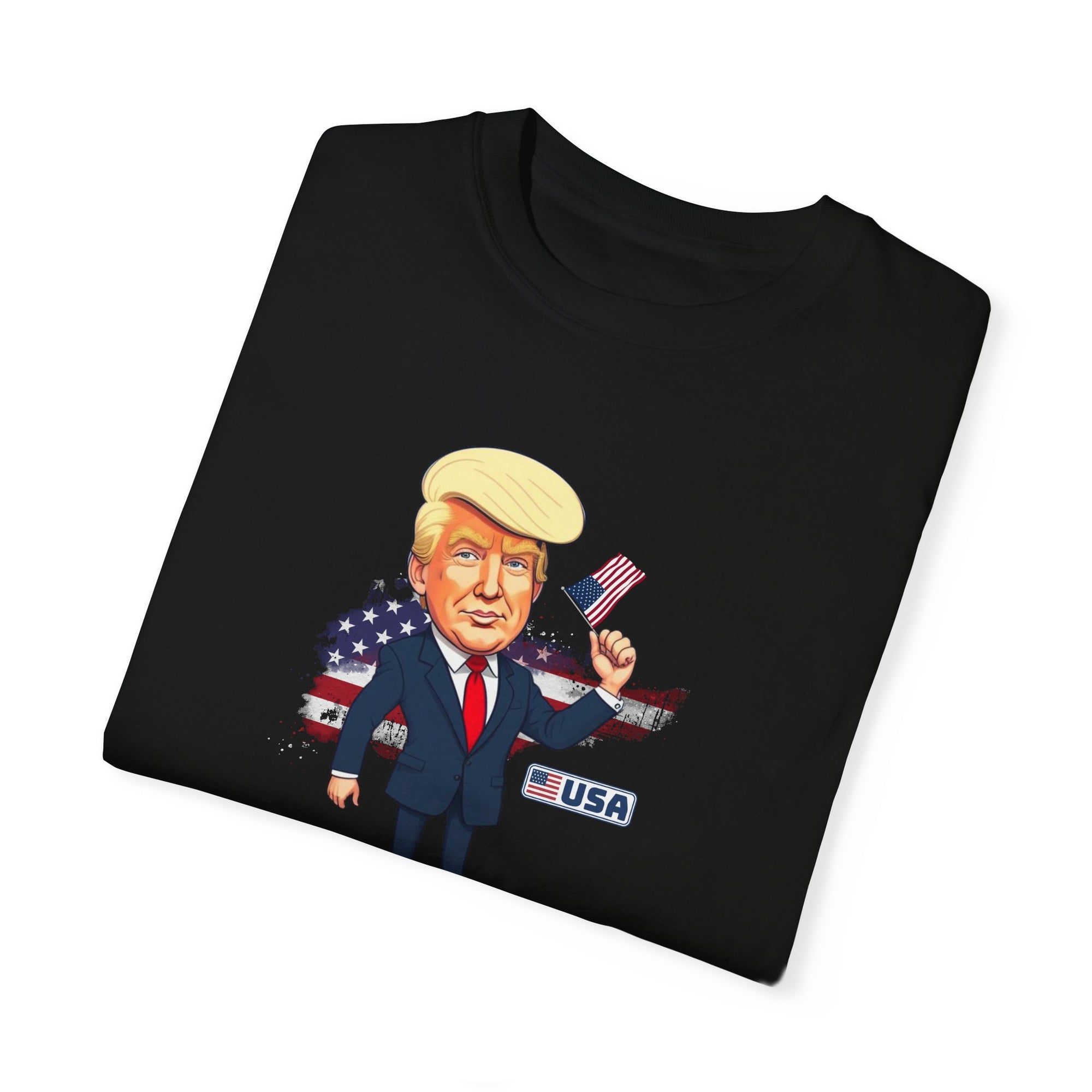 Patriotic Cartoon T-Shirt - Unisex Garment-Dyed Tee with Trump Design