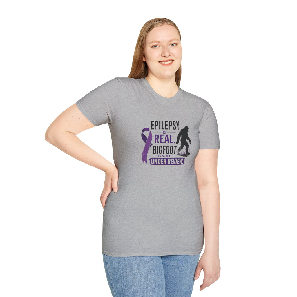 Epilepsy Awareness T-Shirt — "Epilepsy is Real" Purple Ribbon Bigfoot Design