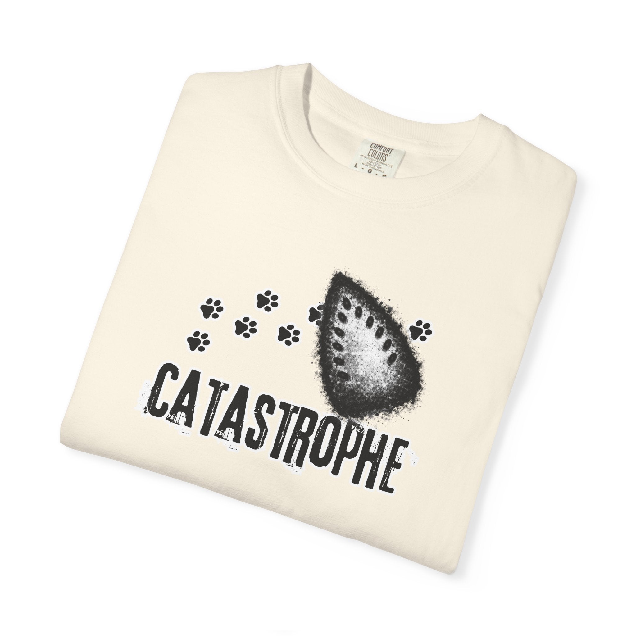 Catastrophe Iron Burn Graphic T-Shirt | Funny Cat Pun Shirt | Distressed Grunge Cat Tee
