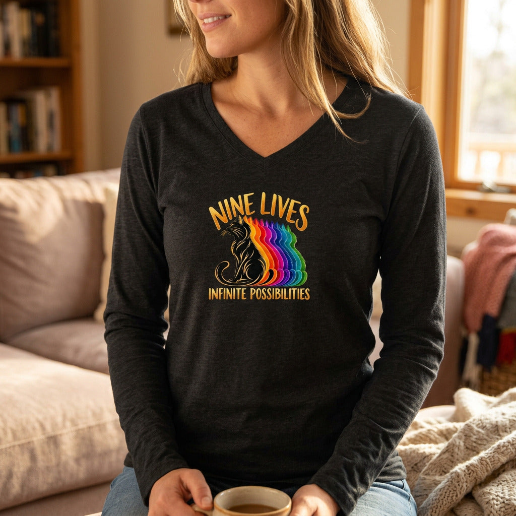 Nine Lives, Infinite Possibilities Women's Long Sleeve V-Neck T-Shirt | Colorful Cat Art