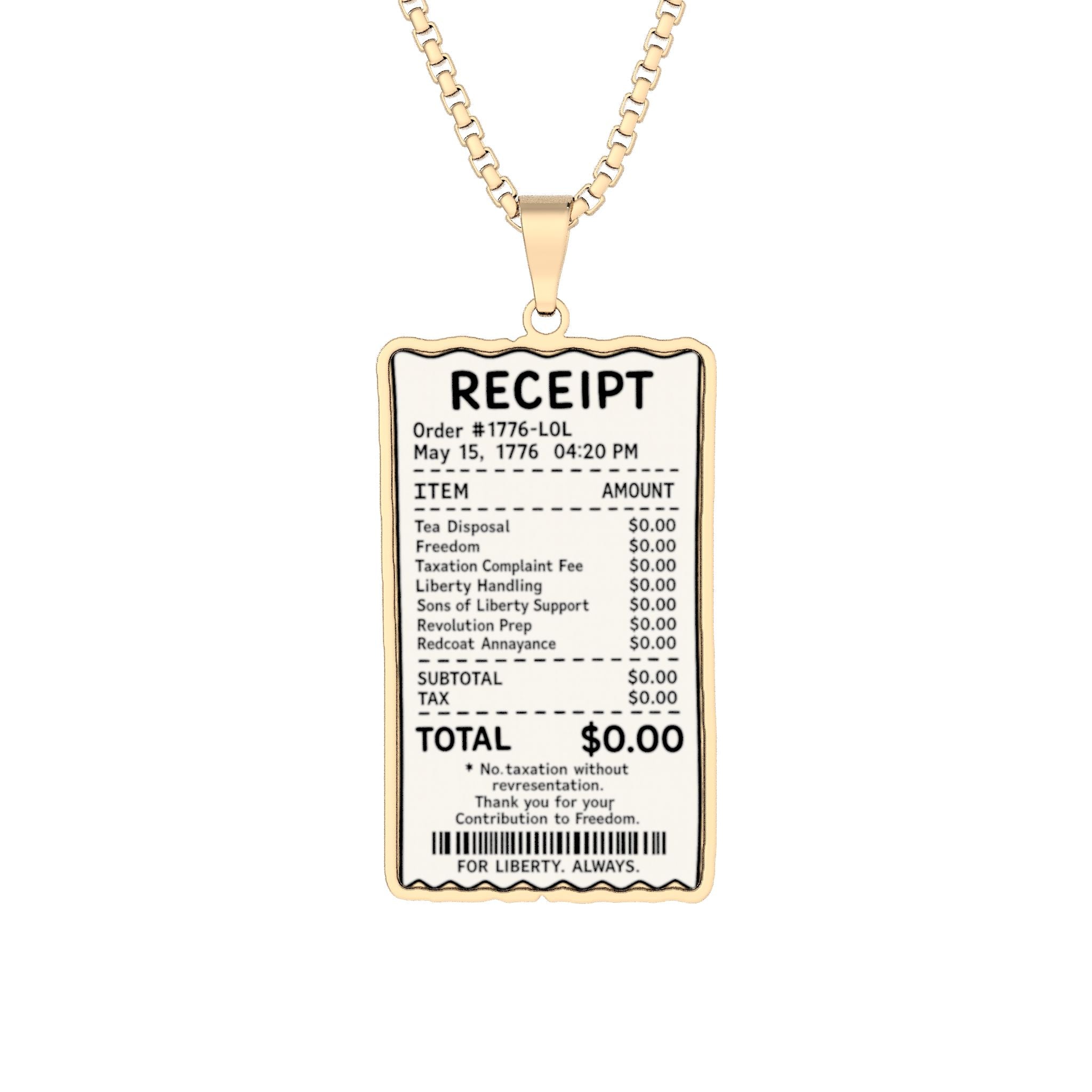 1776 Receipt Necklace | Revolutionary Tea Disposal Pendant
