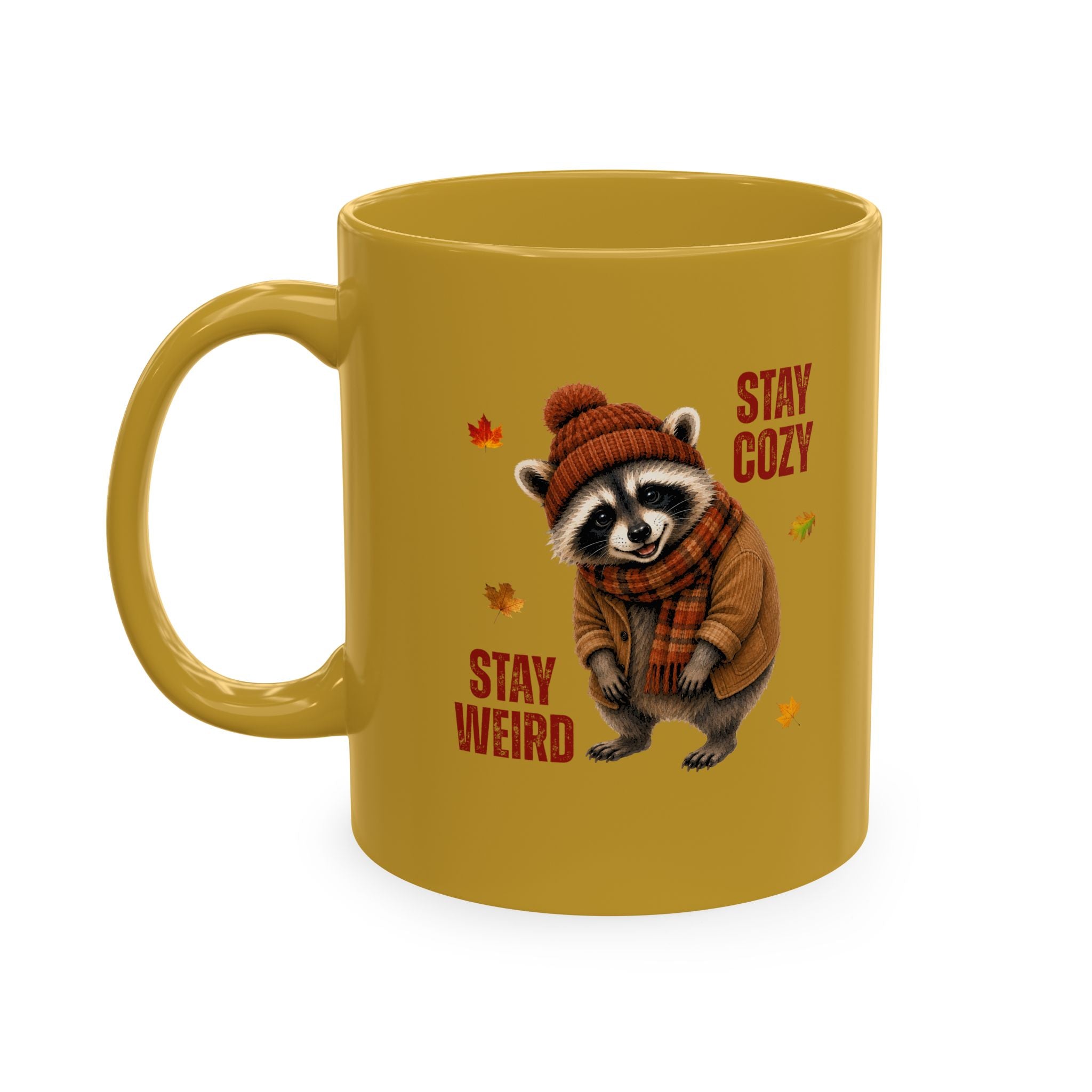 Jimothy “Stay Cozy, Stay Weird” Fall Raccoon Mug, 11 oz