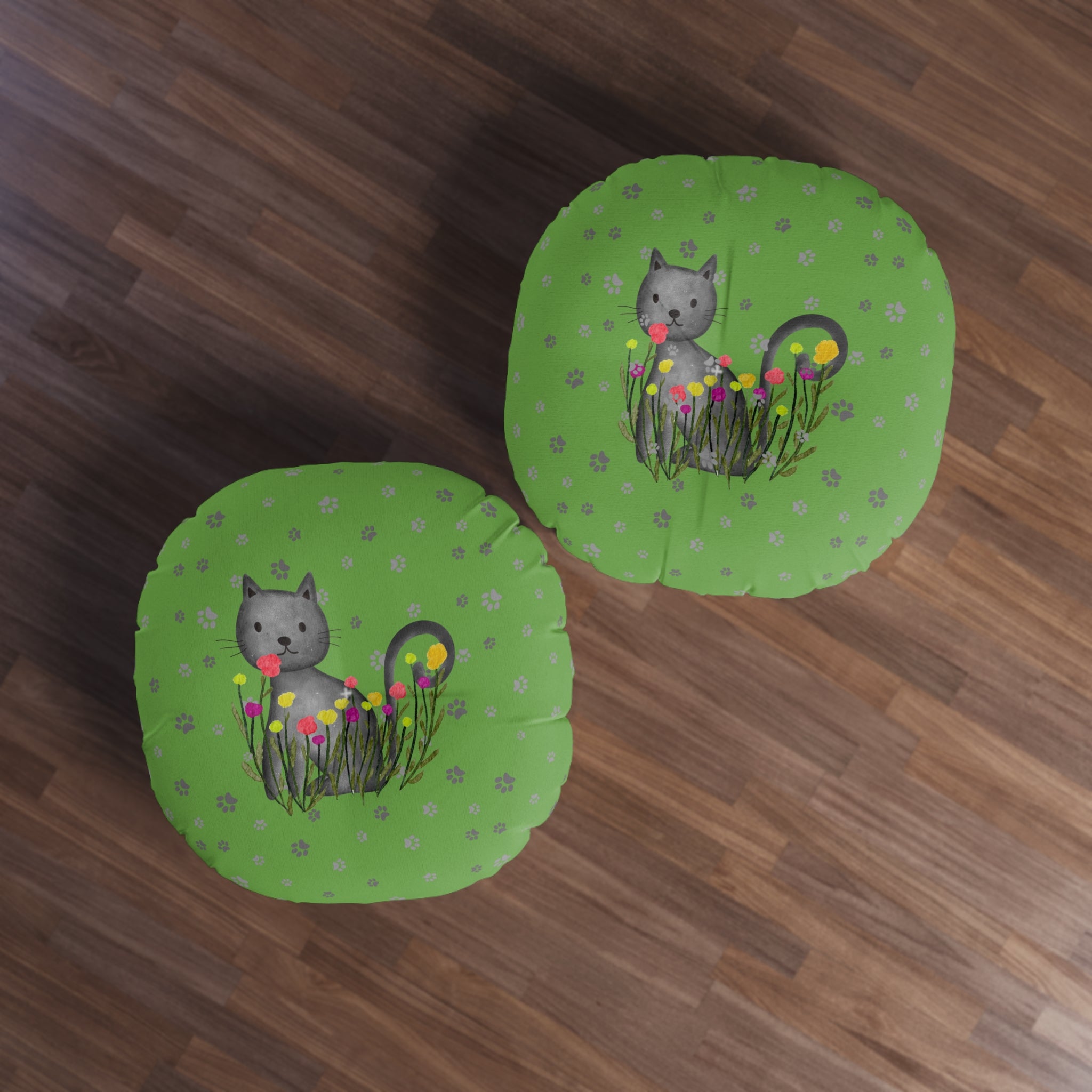 Curious Garden Cat Round Floor Pillow – Green Paw Print Accent Cushion (26