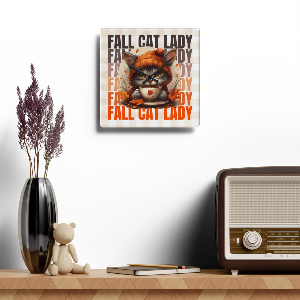 Fall Cat Lady Acrylic Wall Clock, Cute Cat Decor