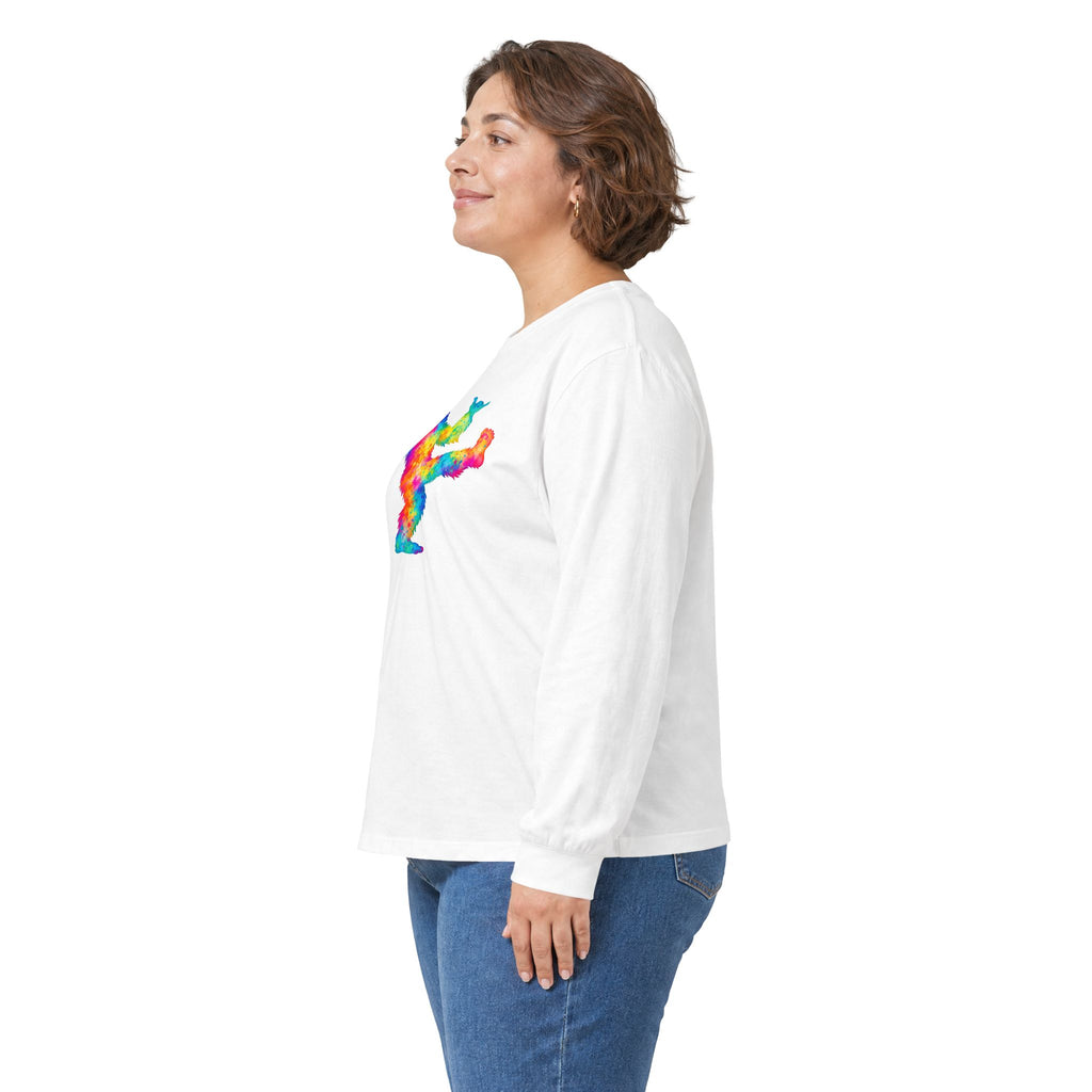 Rainbow Dancing Bigfoot Long Sleeve T-Shirt | Colorful Psychedelic Sasquatch Tee