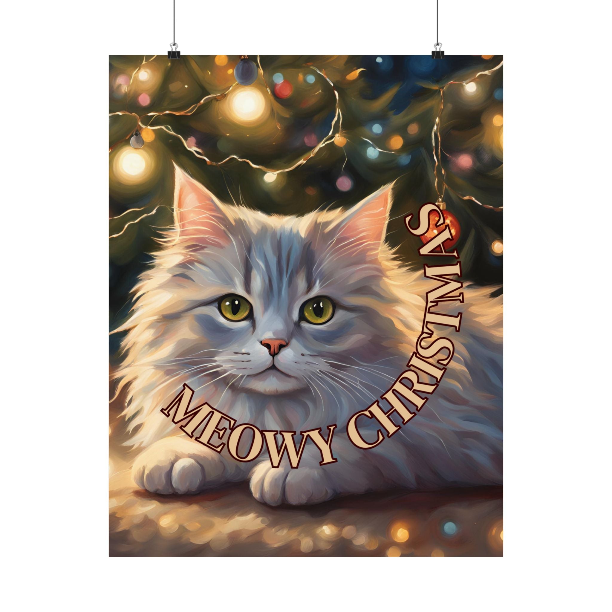 Photo depicting the ​White Meowy Christmas Kitty Matte Vertical Posters from EpiAl's Shop.