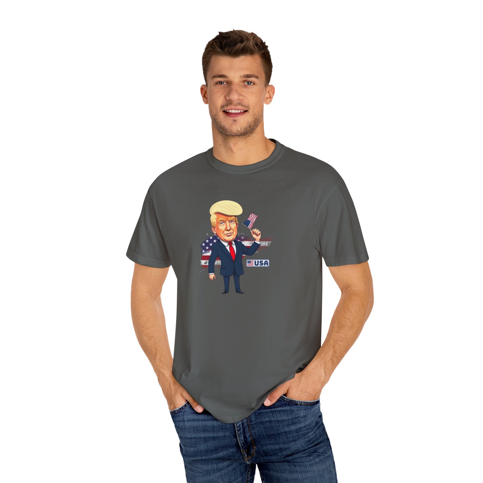 Patriotic Cartoon T-Shirt - Unisex Garment-Dyed Tee with Trump Design