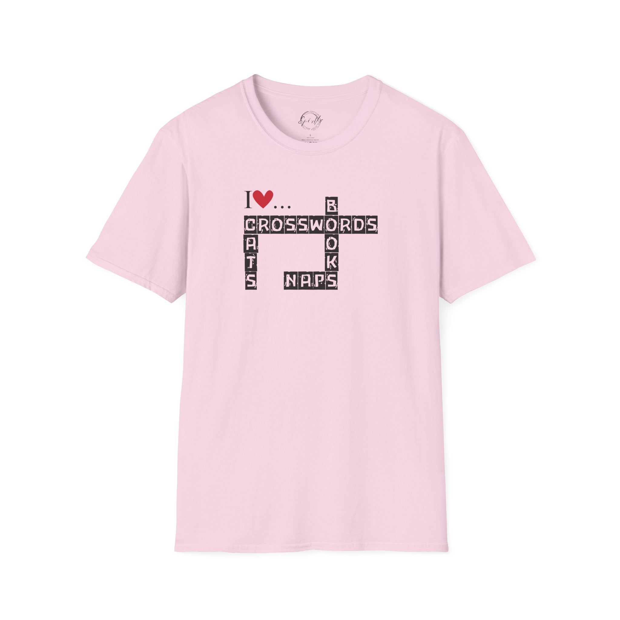 Photo depicting the ​Crosswords and Cats Unisex Softstyle T-Shirt from EpiAl's Shop.
