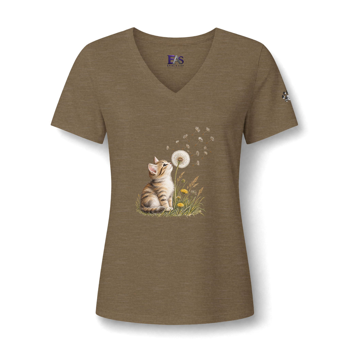 Kitten & Dandelion Women's Relaxed V-Neck T-Shirt | Cat Lover Floral Tee