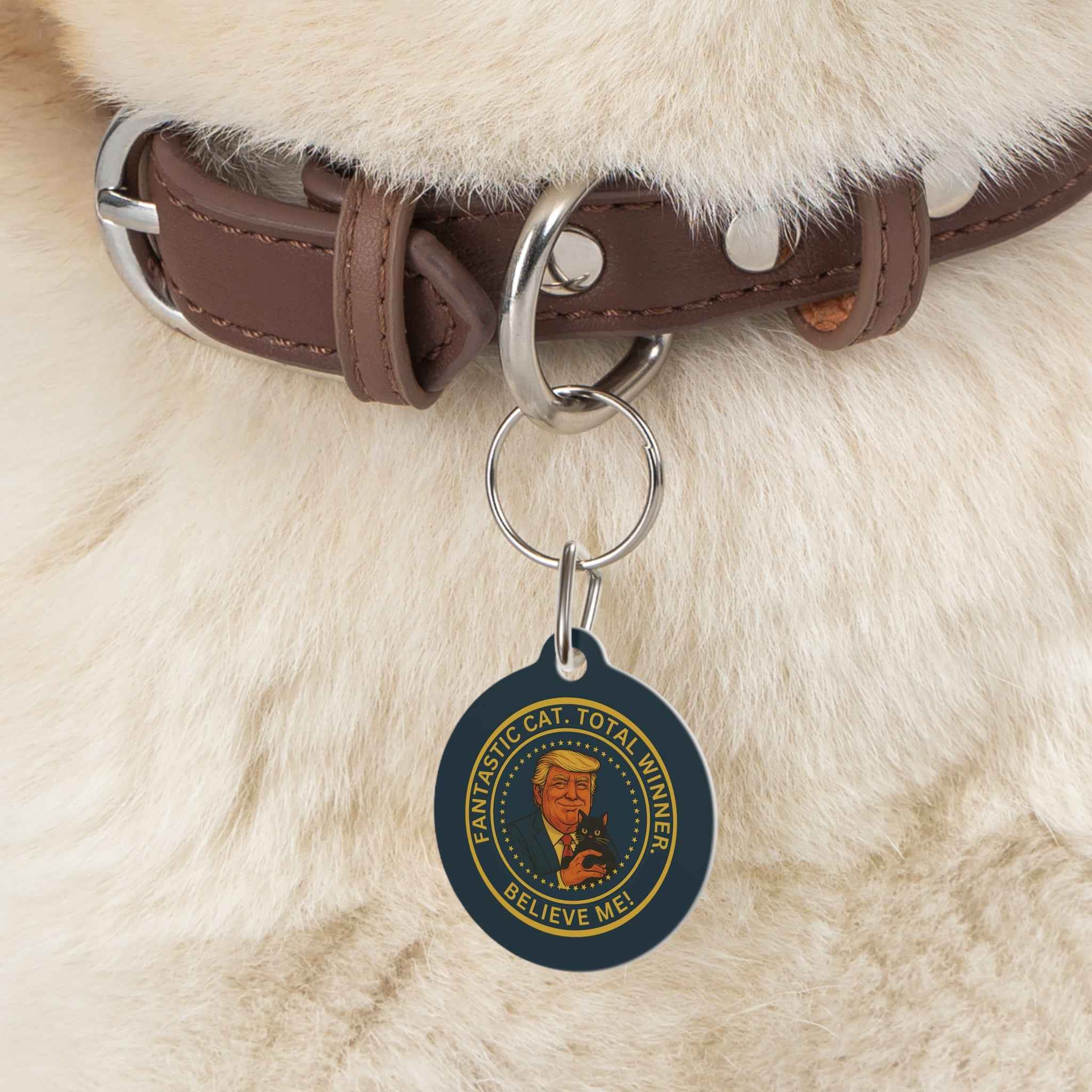 Political Parody Cat Collar Tag – “Fantastic Cat. Total Winner.”