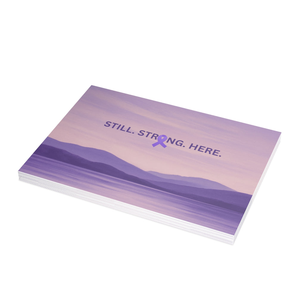 “Still. Strong. Here.” Epilepsy Awareness Postcards — Lavender Horizon (7×5, Sets of 10/30/50)