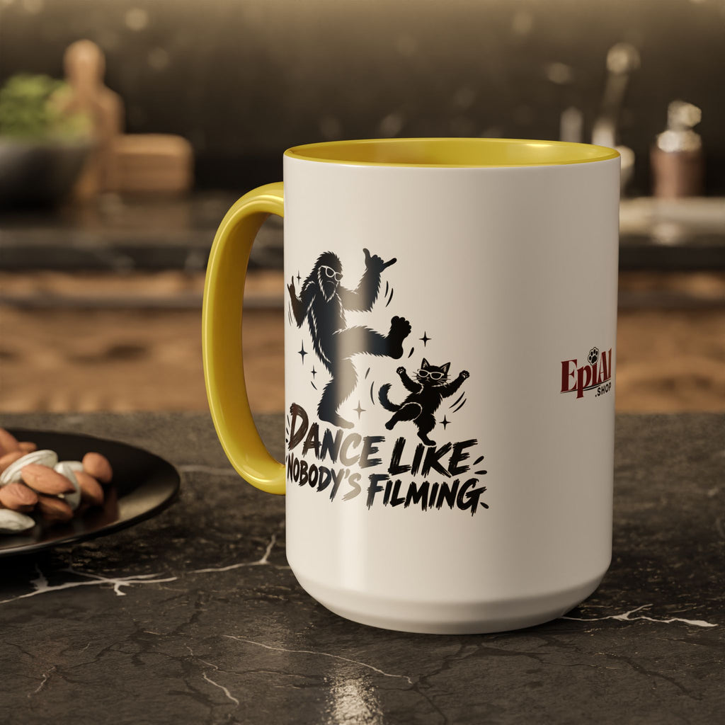 Dance Like Nobody's Filming | Funny Bigfoot & Cat Coffee Mug (11oz/15oz)