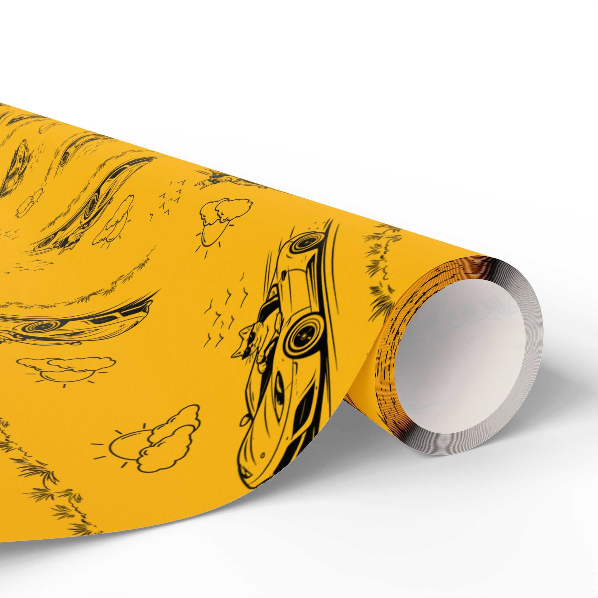 Zoomies Road Trip Cat Wrapping Paper – Golden Sketch Gift Wrap with Racing Cat Design