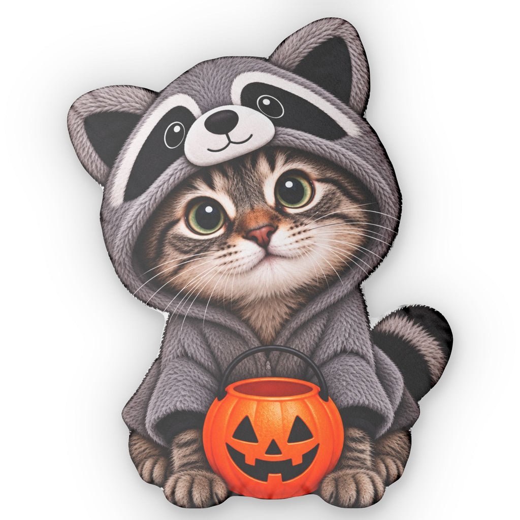 Kitten Dressed as Jimothy Shaped Pillow | Funny Halloween Cat & Raccoon Pillow