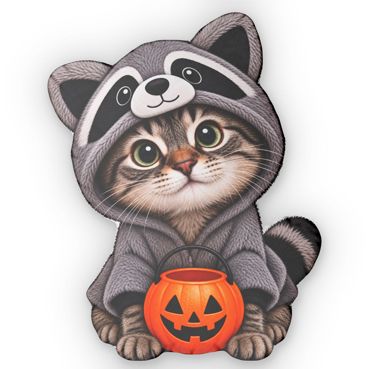 Kitten Dressed as Jimothy Shaped Pillow | Funny Halloween Cat & Raccoon Pillow