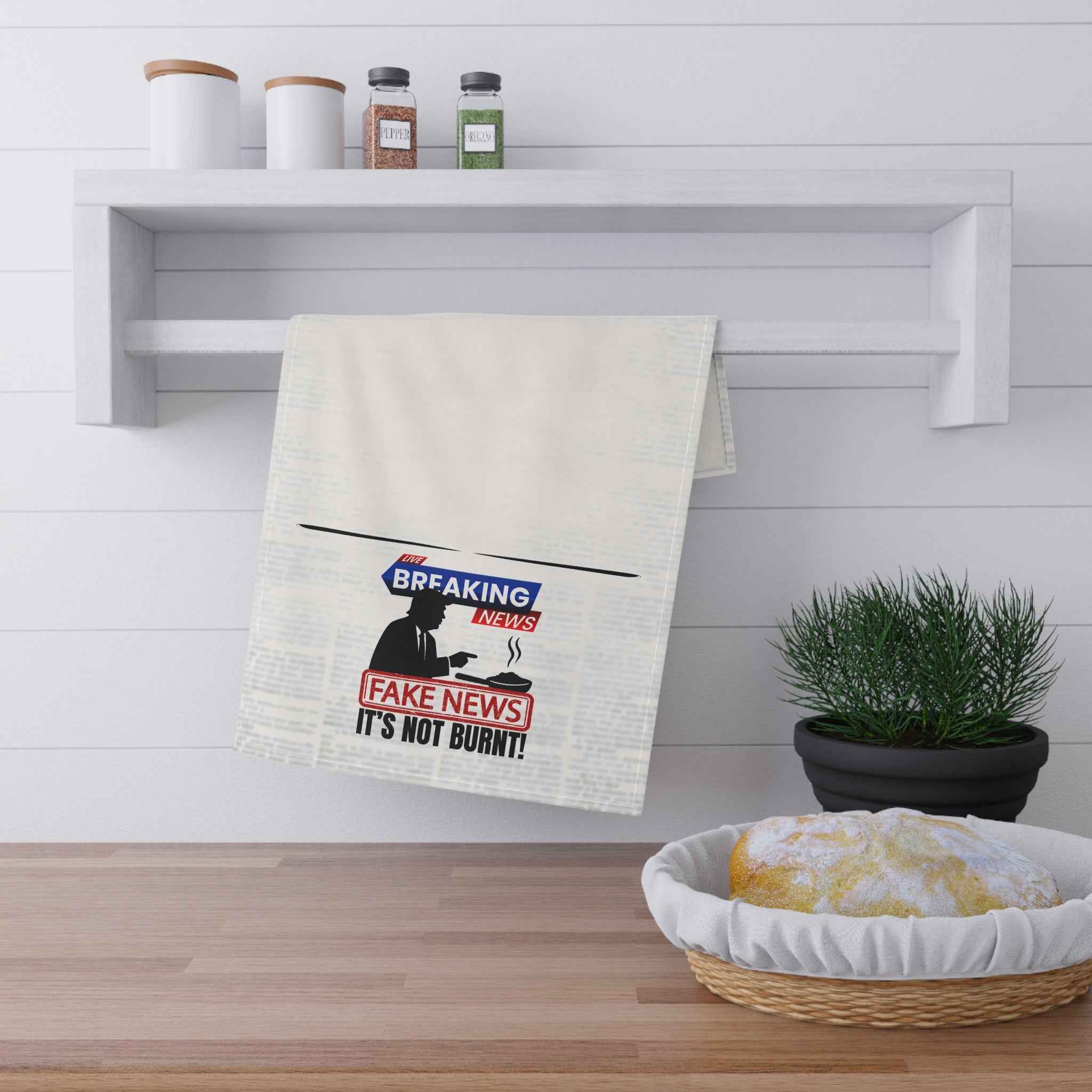 “Fake News! It’s Not Burnt.” Political Parody Kitchen Towel