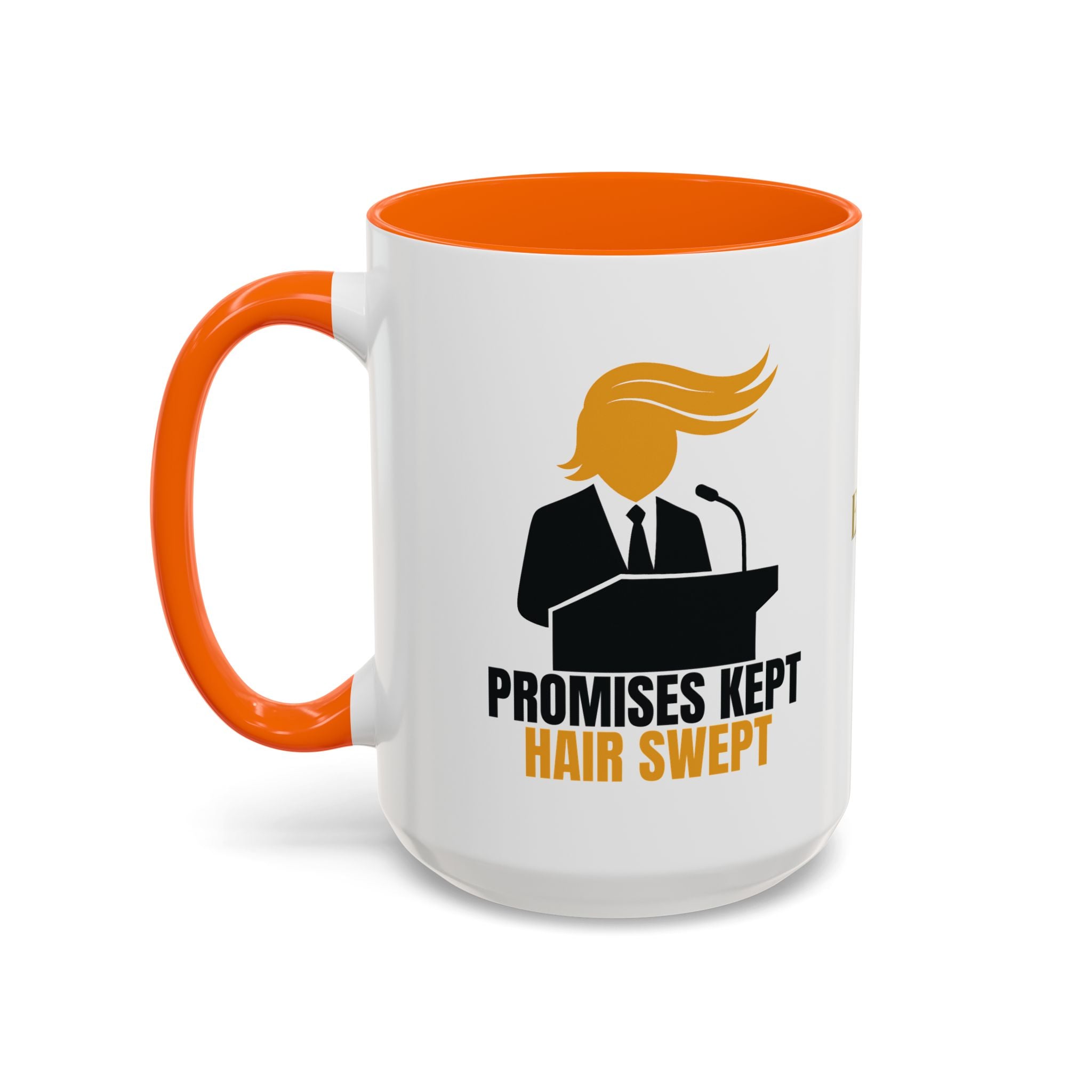 Promises Kept, Hair Swept — Two-Tone Coffee Mug (Political Parody)