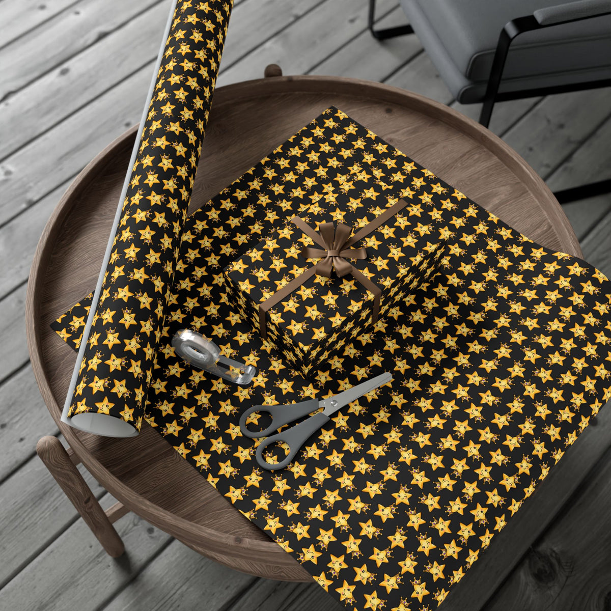Main Character Crowned Star Wrapping Paper | Cute Black & Gold Gift Wrap