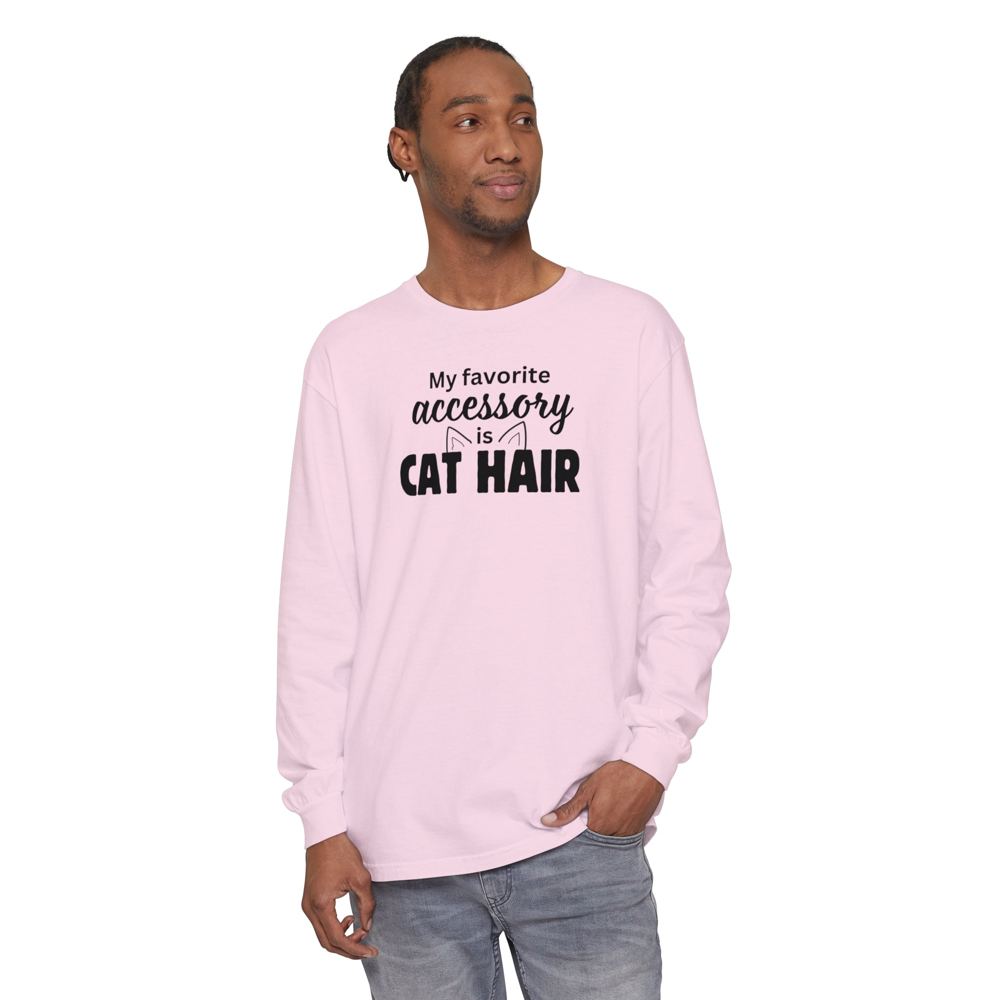 Photo depicting the ​Cat Hair Accessorized Unisex Garment-dyed Long Sleeve T-Shirt from EpiAl's Shop.