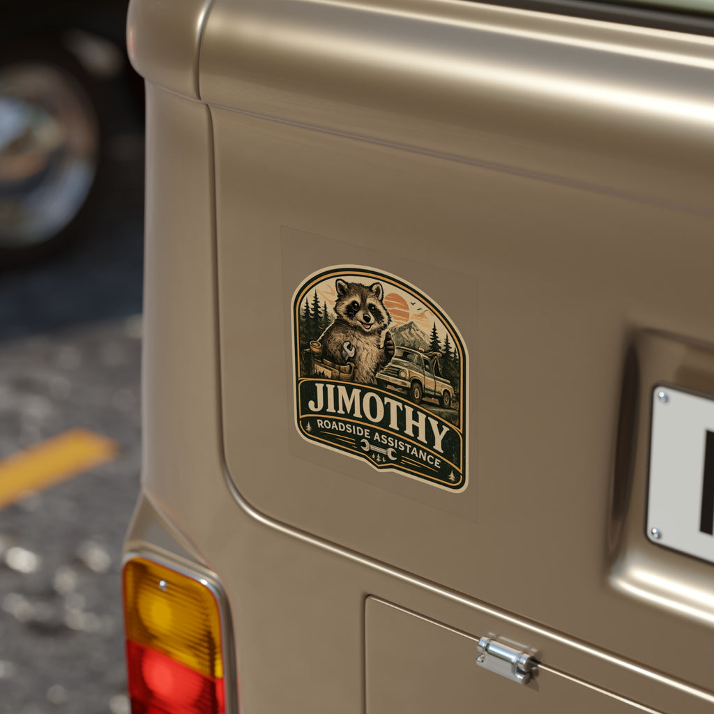 Jimothy Roadside Assistance Auto Decal | Transparent Weatherproof Raccoon Sticker