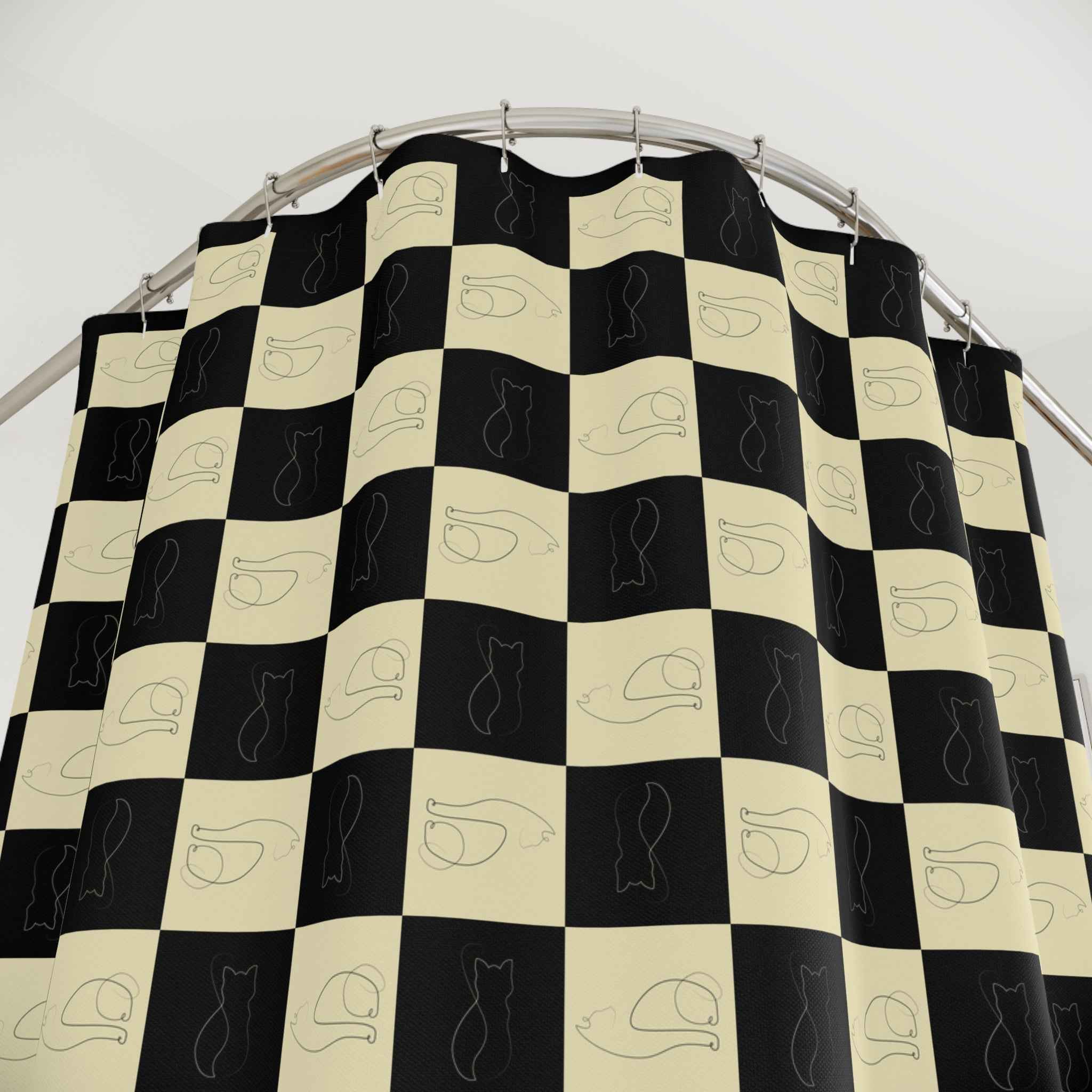 Checked Feline Shower Curtain — Elegant Gold & Black Cat Outline Pattern