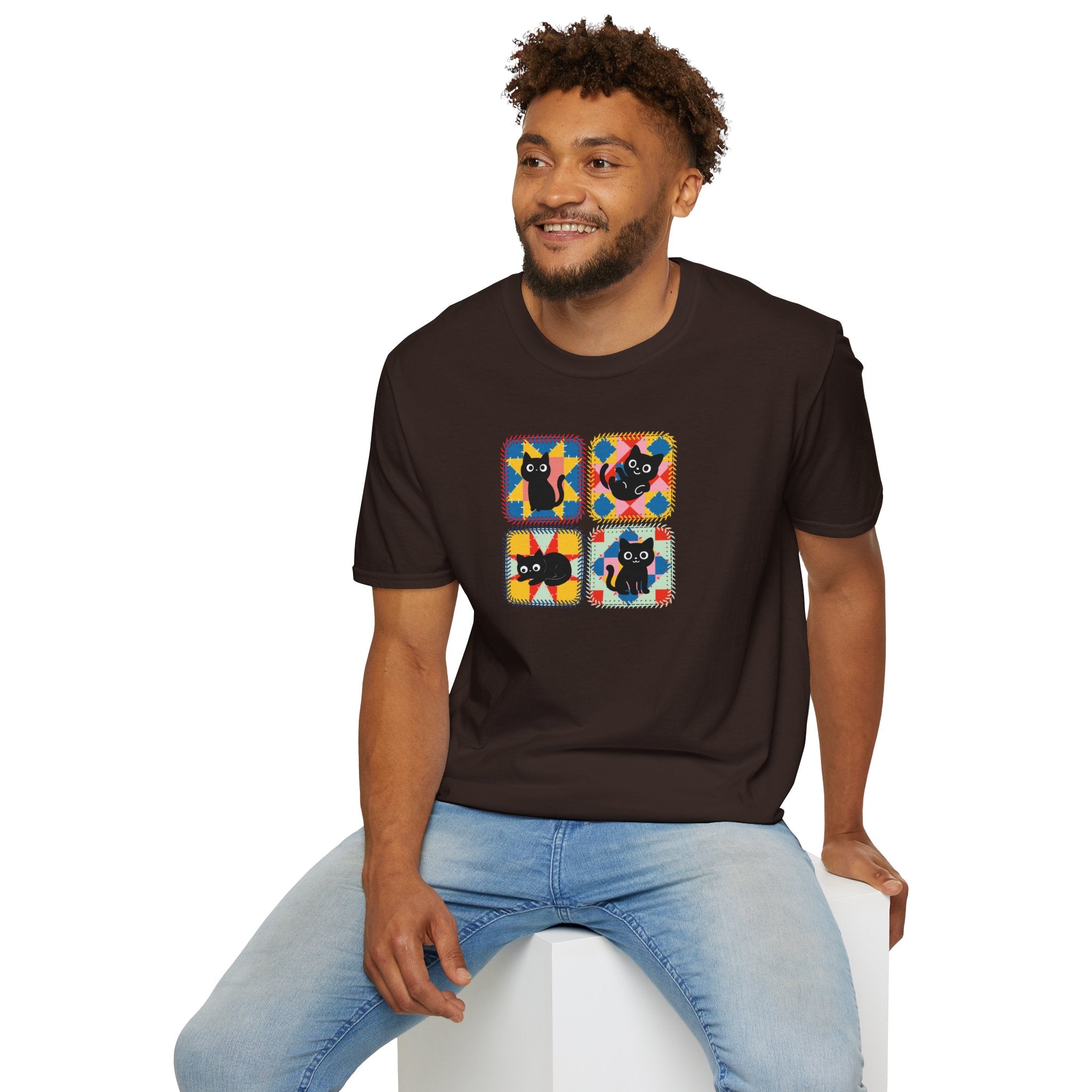 Patchwork Black Cats T-Shirt | Colorful Quilt Cat Lover Graphic Tee