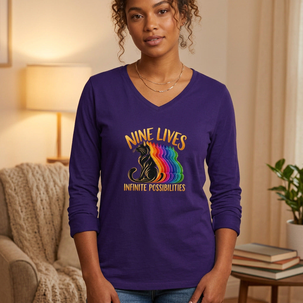 Nine Lives, Infinite Possibilities Women's Long Sleeve V-Neck T-Shirt | Colorful Cat Art