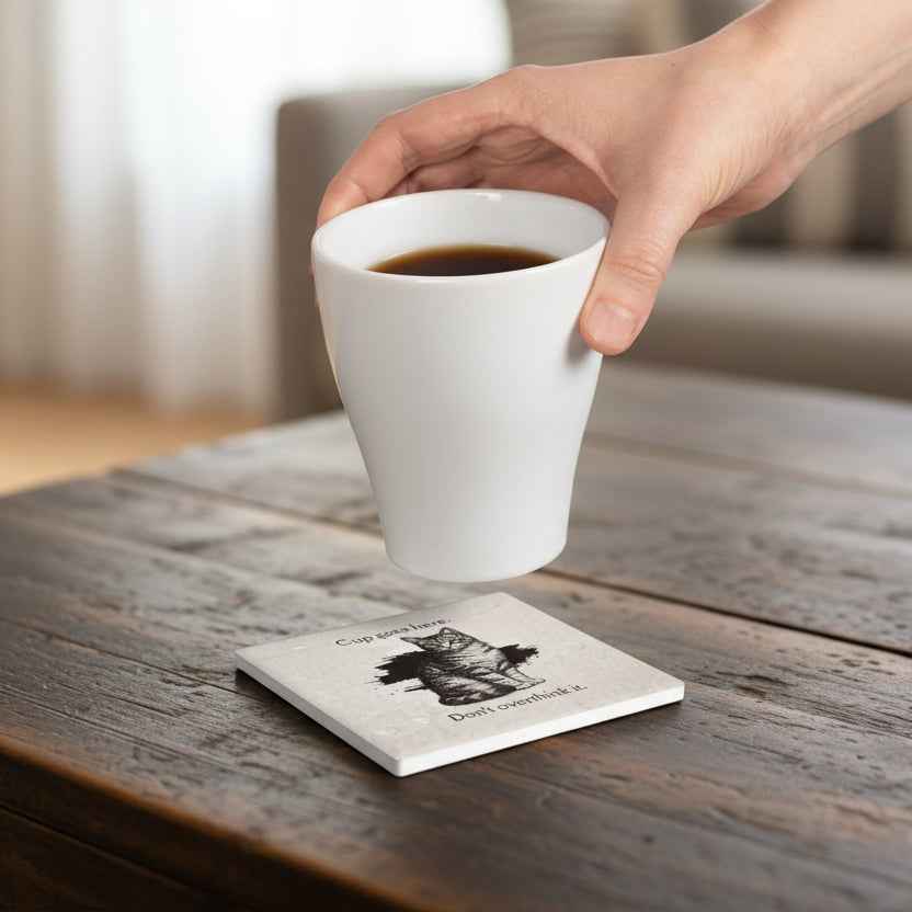 “Cup Goes Here” Cat Coaster – Vintage Sketch Ceramic Coaster with Cork Backing | Funny Minimalist Cat Decor