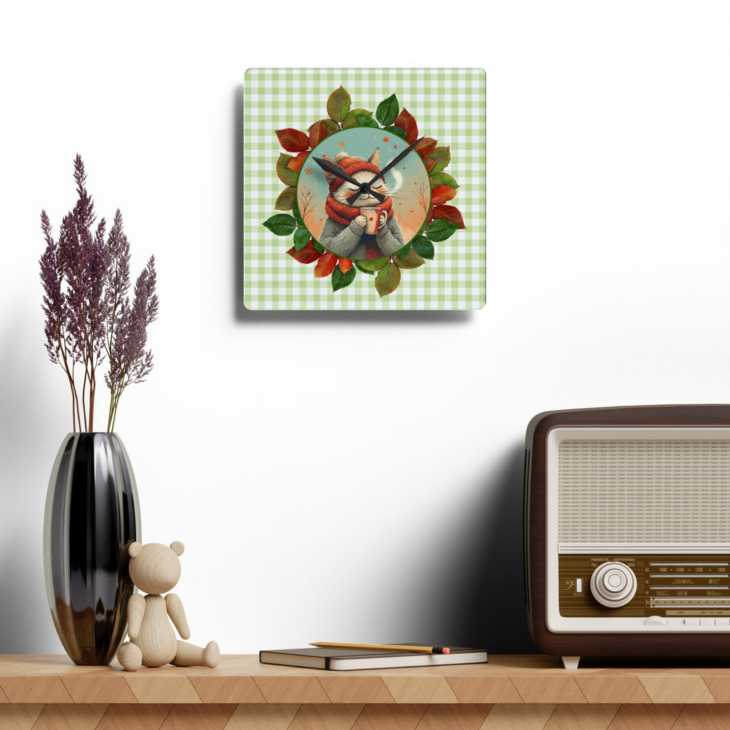 Country Autumn Kitty Acrylic Wall Clock, Cute Cat Decor