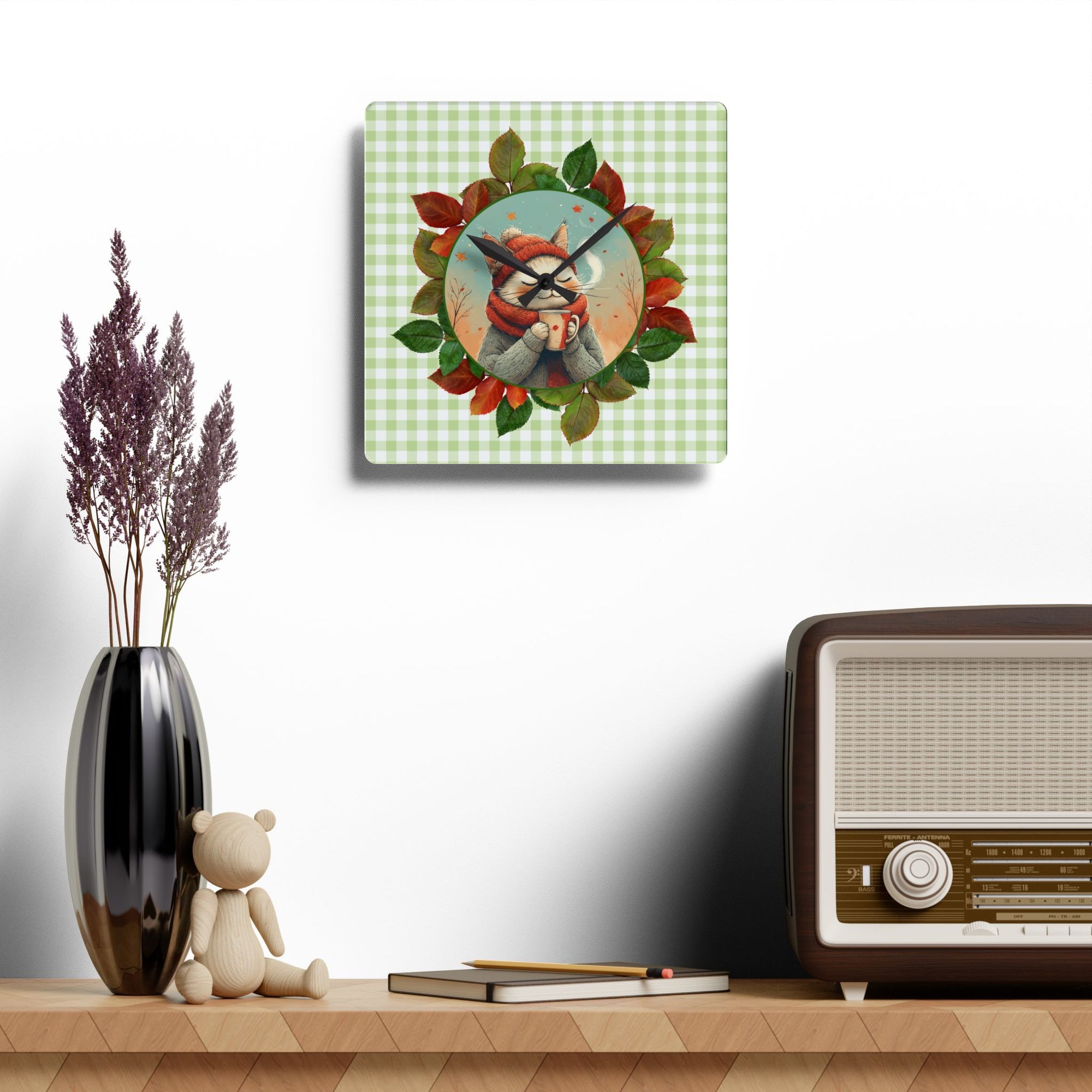 Country Autumn Kitty Acrylic Wall Clock, Cute Cat Decor