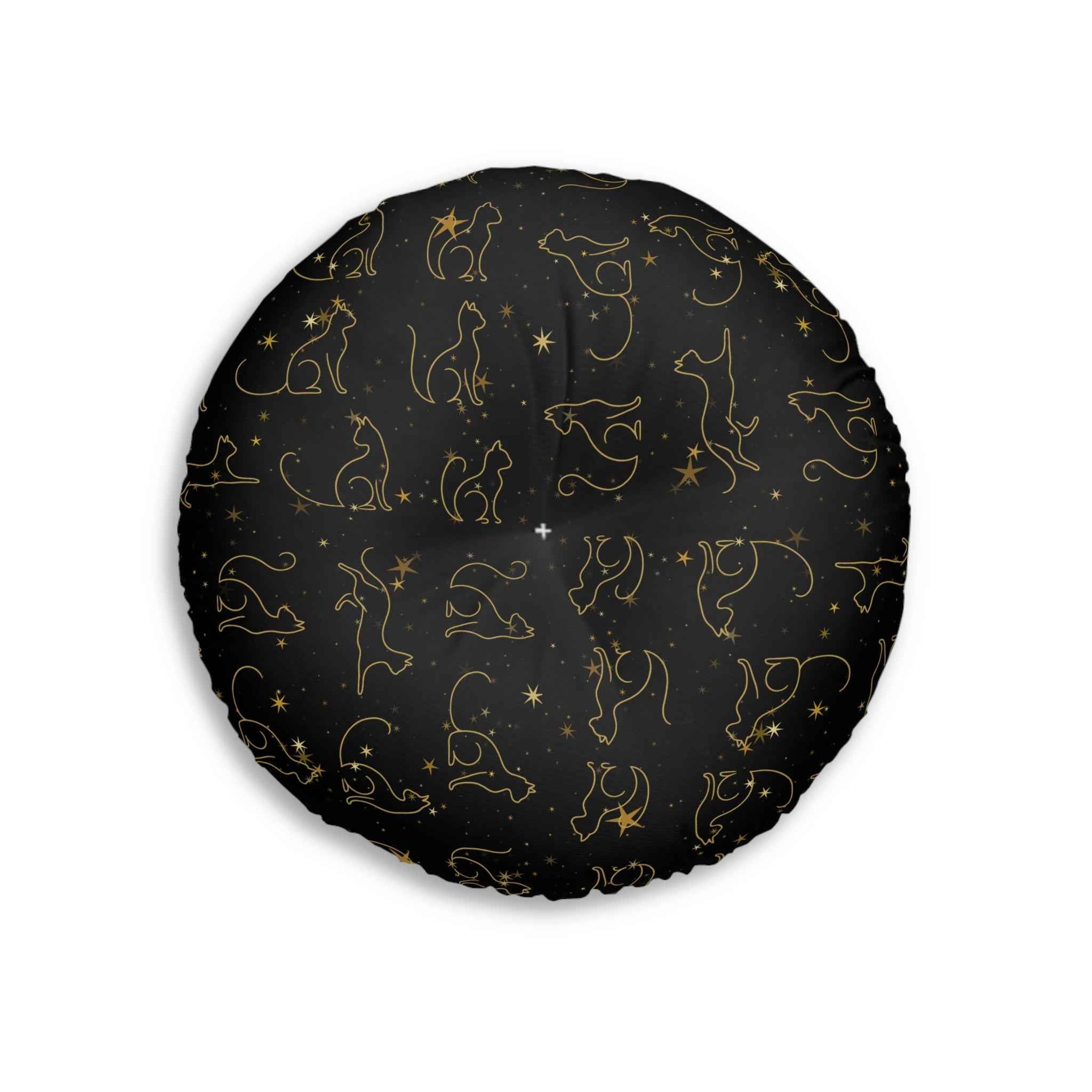 Gold Foil Line-Art Cats Tufted Floor Pillow – Black