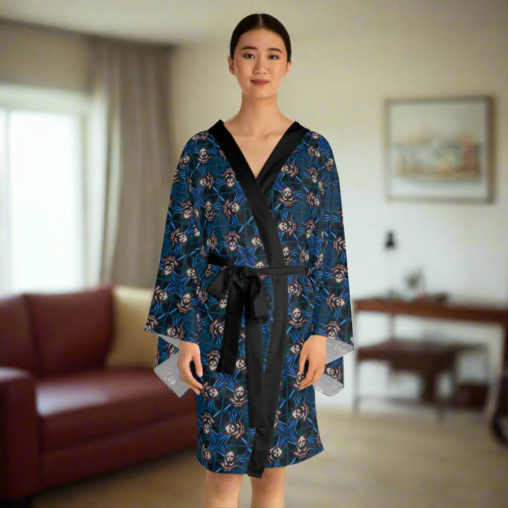 Gothic Clown Cat Print Long Sleeve Kimono Robe | Boho Lounge Wear