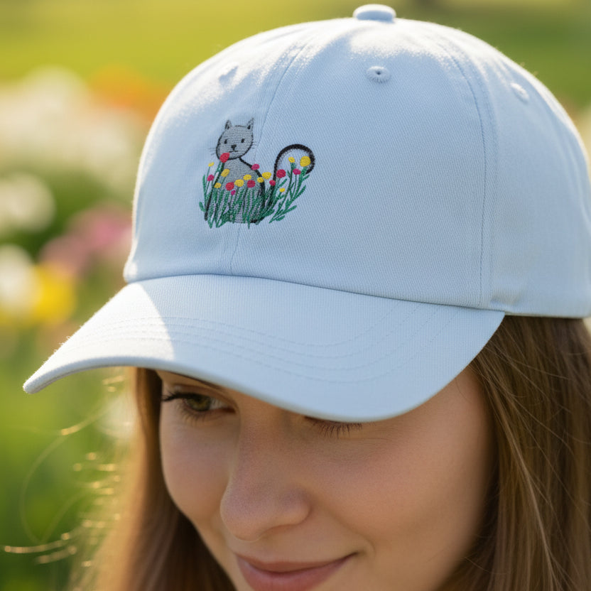 Floral Cat Embroidered Hat – Soft Garden Cat Cotton Cap