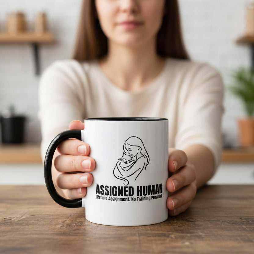 Assigned Human Mug – Lifetime Assignment Cat Coffee Cup